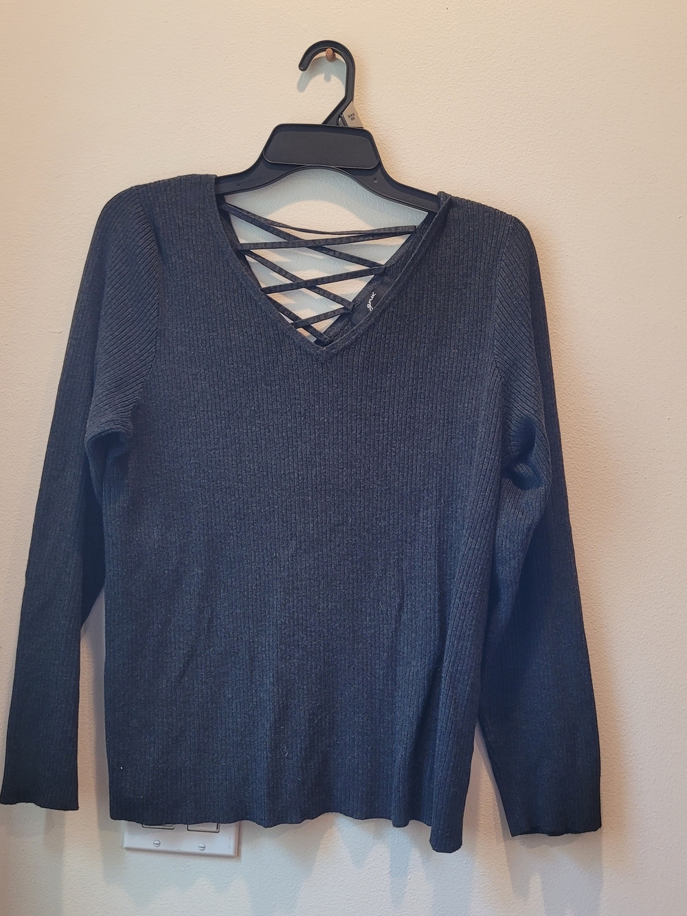 Grey V-Neck Knit Sweater with Crisscross Detail On Back
